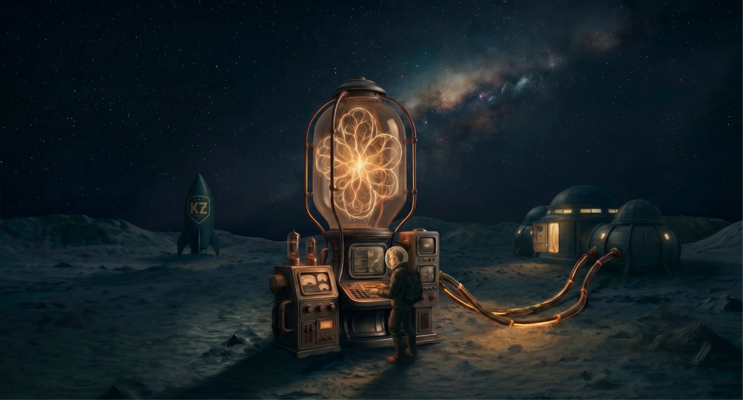 A lone steampunk console glowing in a moonscape