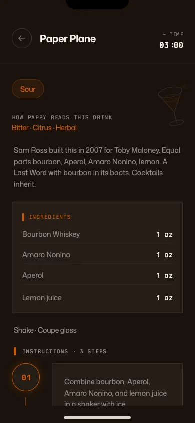 Pappy recipe card with step-by-step cocktail instructions